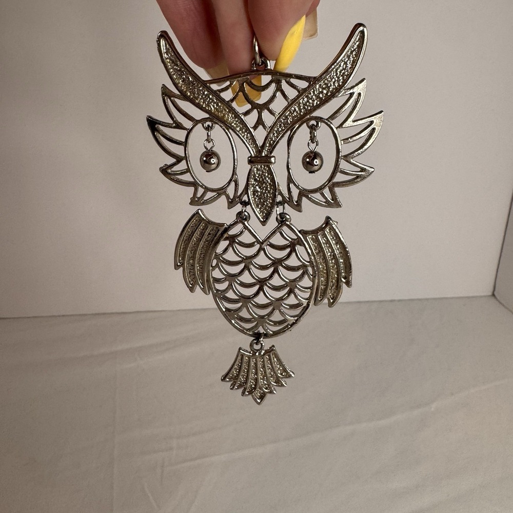 Vintage‎ Owl Pendant Silver Tone Boho Chic Cottage Core Aesthetic Beaded Eyes
